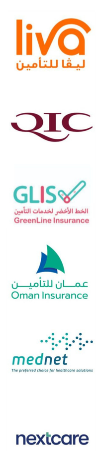 Accepted insurance partners: Liva, Oman Insurance, QIC, Mednet, GLIS, Nextcare